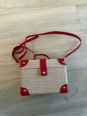 Mark and Graham Box Straw Crossbody Bag with Red Trim and Gold Hardware